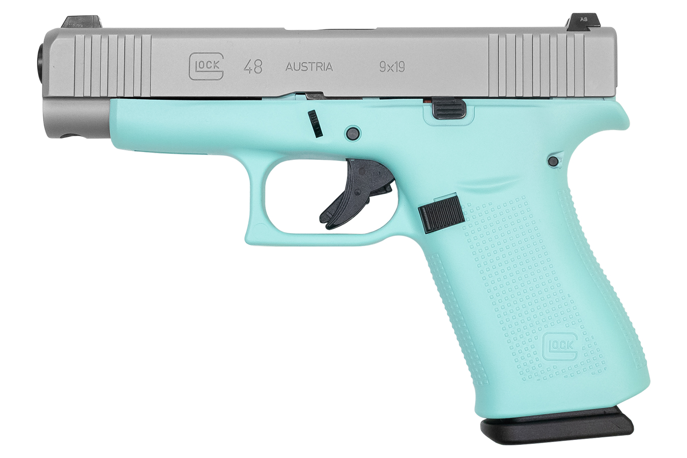 48 9mm 10-Round Pistol with Robins Egg Blue Frame and Silver PVD Slide